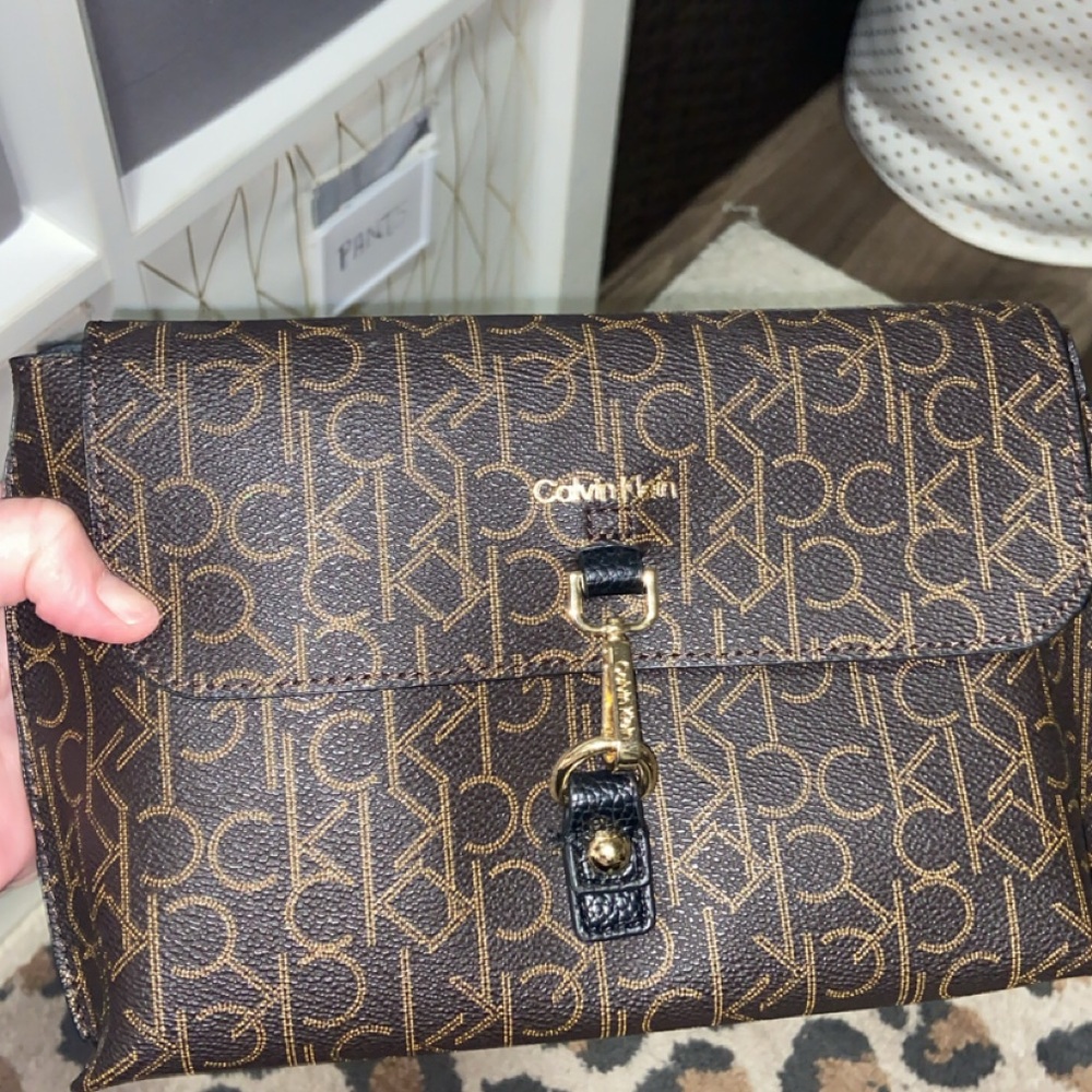 Calvin Klein Brown Monogram Logo Crossbody Bag with Gold Hardware